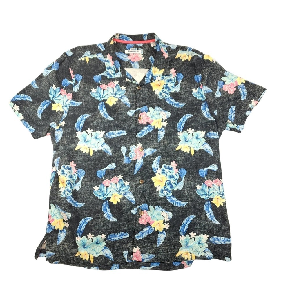 Tommy Bahama Shirt Mens 2XL Black Floral Hawaiian Short Sleeve Silk Button Up